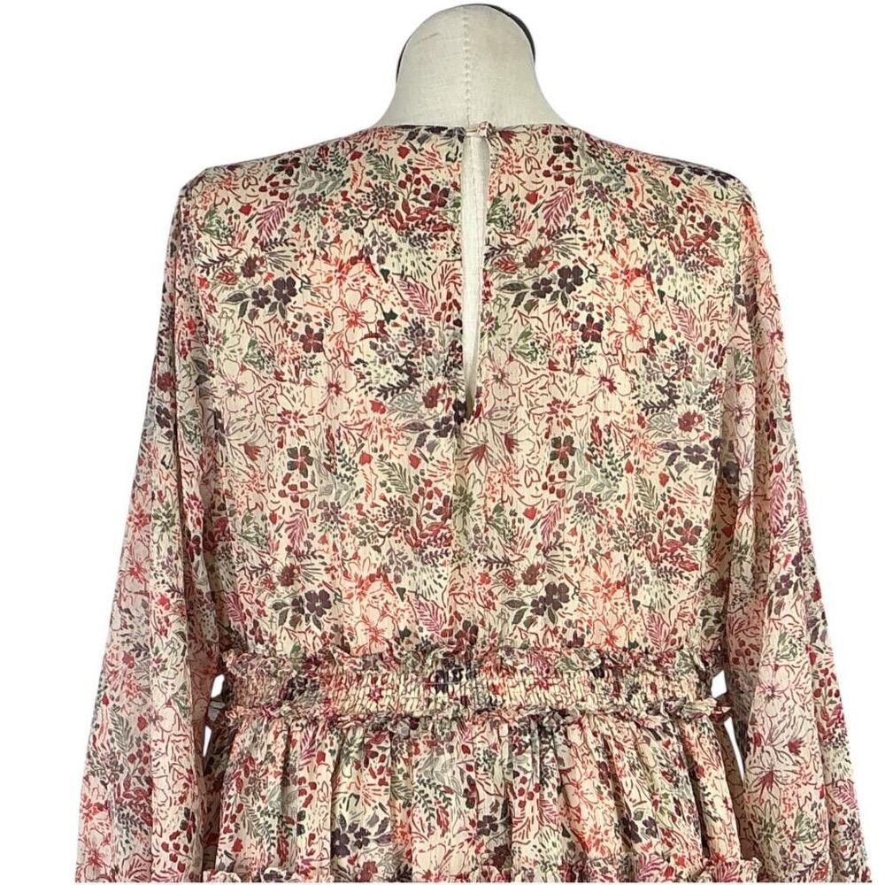 Torrid Mini Dress Women 2X Beige Floral Lurex Chiffon Tiered V Neck Puff Sleeve - Picture 10 of 11